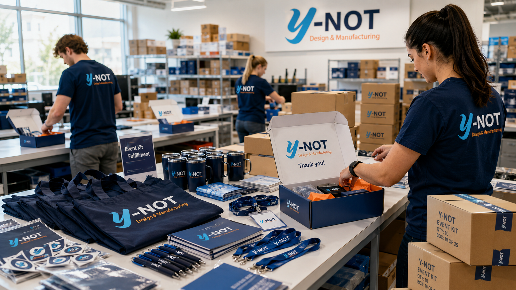 Event swag kitting and fulfillment from Y-Not Design & Manufacturing